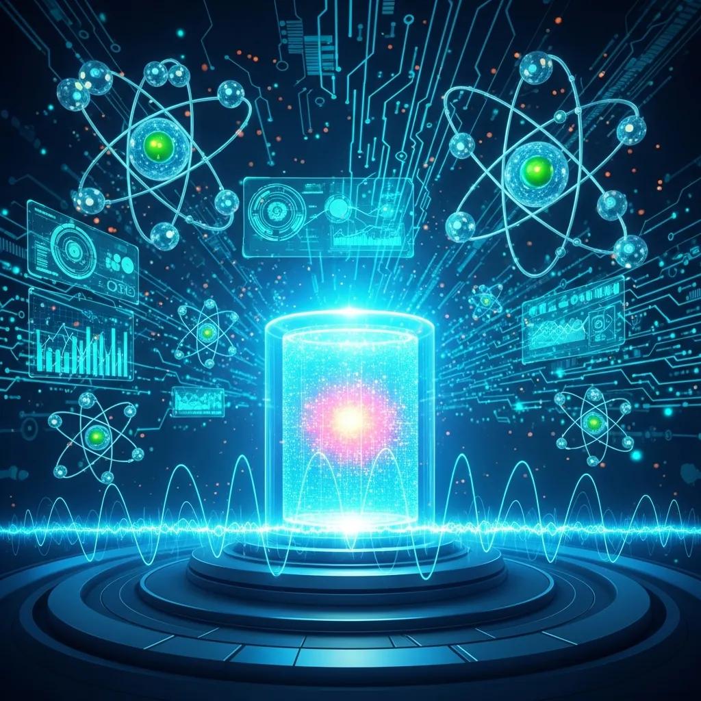 Atomic energy concept with a nuclear reactor and scientific elements