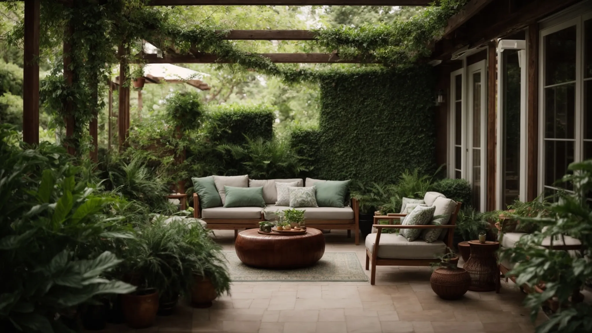 a cozy, enclosed patio adorned with comfortable furniture and lush green plants, offering a serene outdoor living space.